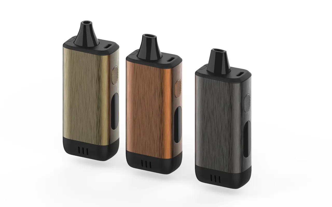 Handheld electric herb pipes (eBong) in wood-grain and matte finishes — electric combustion devices
