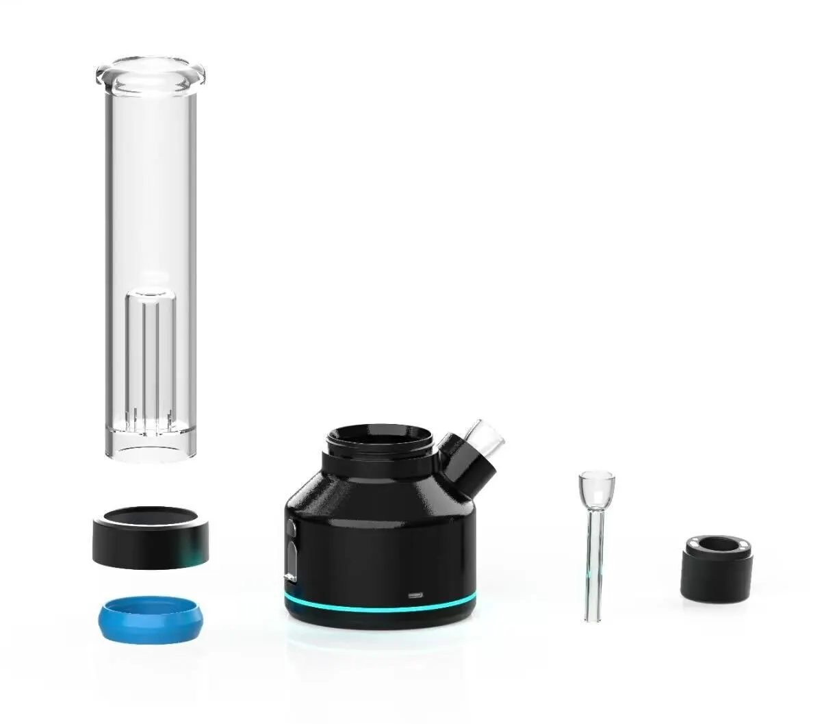 Electronic bong exploded view — glass tube, water-filtration base and electric combustion bowl